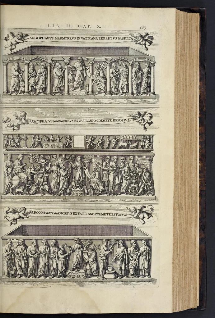 An illustration from Roma subterranea novissima : in qva post Antonivm Bosivm antesignanvm, Jo. Severanum congreg. oratorii presbyterum, et celebres alios scriptores : antiqvua Christianorum et praecipue martyrum cœmeteria, tituli, monimenta, epitaphia, inscriptiones ac nobiliora sanctorum sepulchra : sex libris distincta illustrantur et quamplurimæ res ecclesiasticæ iconibus graphice describuntur, ac multiplici tum sacra, tum profana eruditione declarantur : cum duplici indice, capitum & rerum locupletissimo : opera et studio, 1659, leaf 206