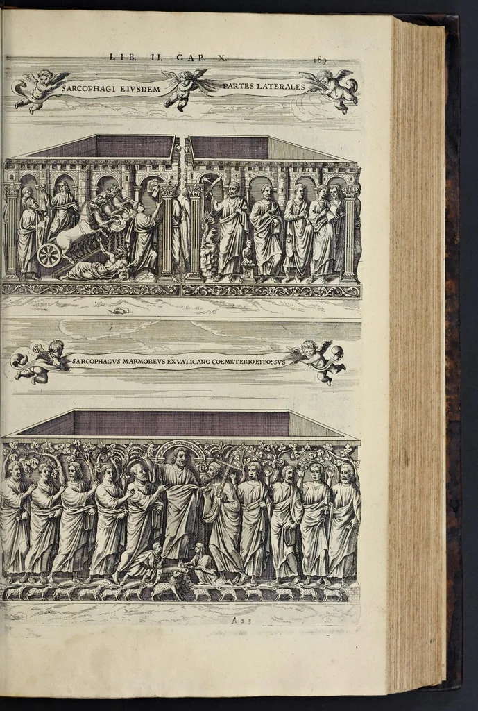 An illustration from Roma subterranea novissima : in qva post Antonivm Bosivm antesignanvm, Jo. Severanum congreg. oratorii presbyterum, et celebres alios scriptores : antiqvua Christianorum et praecipue martyrum cœmeteria, tituli, monimenta, epitaphia, inscriptiones ac nobiliora sanctorum sepulchra : sex libris distincta illustrantur et quamplurimæ res ecclesiasticæ iconibus graphice describuntur, ac multiplici tum sacra, tum profana eruditione declarantur : cum duplici indice, capitum & rerum locupletissimo : opera et studio, 1659, leaf 210