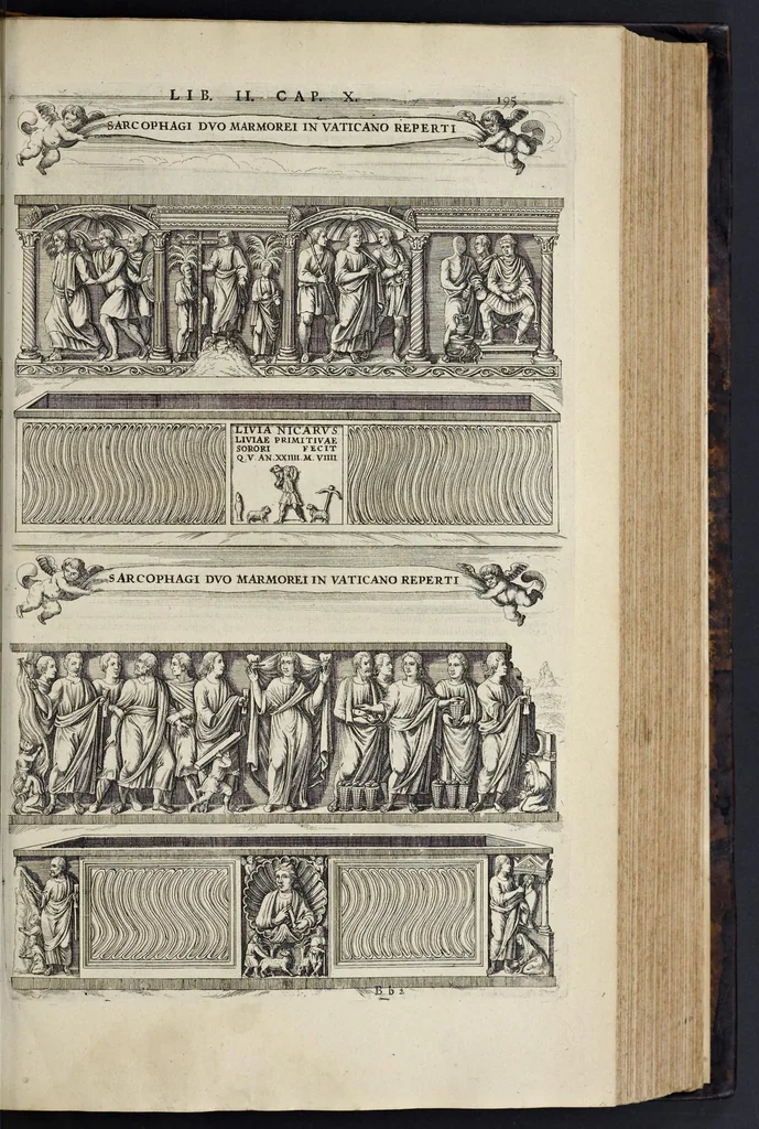 An illustration from Roma subterranea novissima : in qva post Antonivm Bosivm antesignanvm, Jo. Severanum congreg. oratorii presbyterum, et celebres alios scriptores : antiqvua Christianorum et praecipue martyrum cœmeteria, tituli, monimenta, epitaphia, inscriptiones ac nobiliora sanctorum sepulchra : sex libris distincta illustrantur et quamplurimæ res ecclesiasticæ iconibus graphice describuntur, ac multiplici tum sacra, tum profana eruditione declarantur : cum duplici indice, capitum & rerum locupletissimo : opera et studio, 1659, leaf 216
