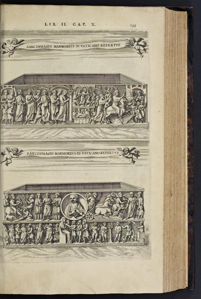 An illustration from Roma subterranea novissima : in qva post Antonivm Bosivm antesignanvm, Jo. Severanum congreg. oratorii presbyterum, et celebres alios scriptores : antiqvua Christianorum et praecipue martyrum cœmeteria, tituli, monimenta, epitaphia, inscriptiones ac nobiliora sanctorum sepulchra : sex libris distincta illustrantur et quamplurimæ res ecclesiasticæ iconibus graphice describuntur, ac multiplici tum sacra, tum profana eruditione declarantur : cum duplici indice, capitum & rerum locupletissimo : opera et studio, 1659, leaf 220
