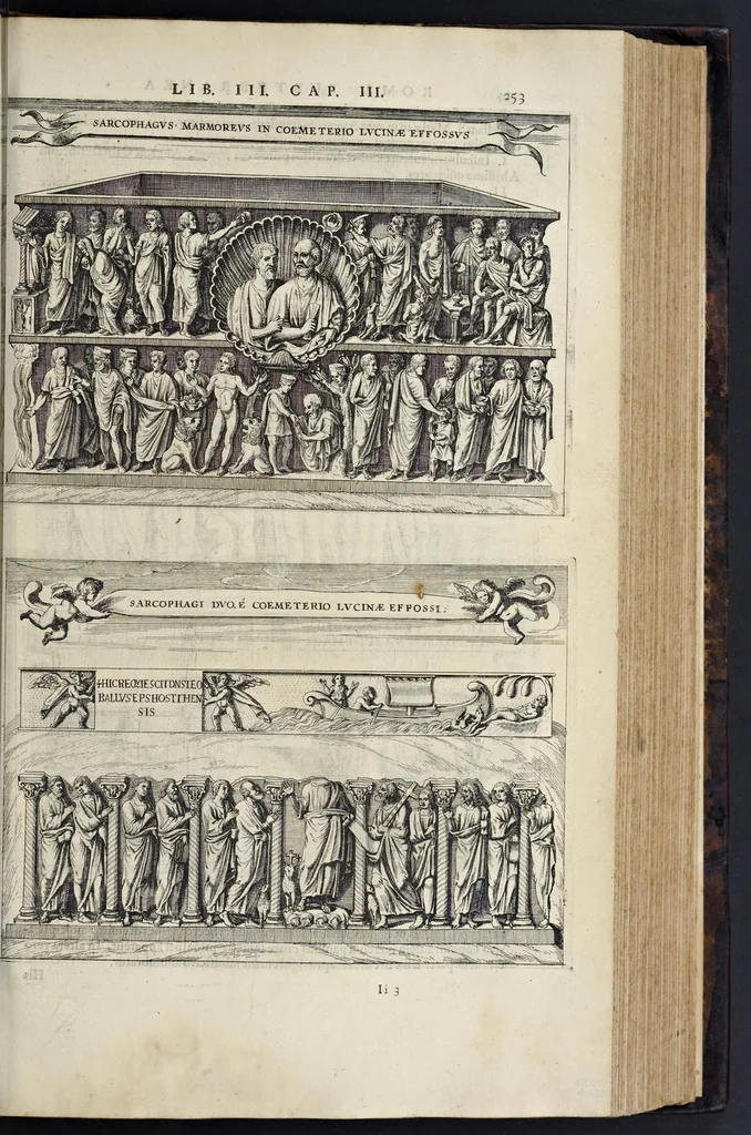 An illustration from Roma subterranea novissima : in qva post Antonivm Bosivm antesignanvm, Jo. Severanum congreg. oratorii presbyterum, et celebres alios scriptores : antiqvua Christianorum et praecipue martyrum cœmeteria, tituli, monimenta, epitaphia, inscriptiones ac nobiliora sanctorum sepulchra : sex libris distincta illustrantur et quamplurimæ res ecclesiasticæ iconibus graphice describuntur, ac multiplici tum sacra, tum profana eruditione declarantur : cum duplici indice, capitum & rerum locupletissimo : opera et studio, 1659, leaf 274