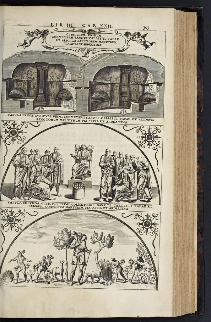 An illustration from Roma subterranea novissima : in qva post Antonivm Bosivm antesignanvm, Jo. Severanum congreg. oratorii presbyterum, et celebres alios scriptores : antiqvua Christianorum et praecipue martyrum cœmeteria, tituli, monimenta, epitaphia, inscriptiones ac nobiliora sanctorum sepulchra : sex libris distincta illustrantur et quamplurimæ res ecclesiasticæ iconibus graphice describuntur, ac multiplici tum sacra, tum profana eruditione declarantur : cum duplici indice, capitum & rerum locupletissimo : opera et studio, 1659, leaf 332