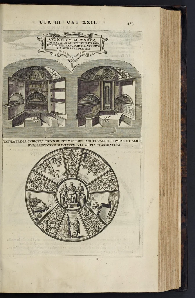 An illustration from Roma subterranea novissima : in qva post Antonivm Bosivm antesignanvm, Jo. Severanum congreg. oratorii presbyterum, et celebres alios scriptores : antiqvua Christianorum et praecipue martyrum cœmeteria, tituli, monimenta, epitaphia, inscriptiones ac nobiliora sanctorum sepulchra : sex libris distincta illustrantur et quamplurimæ res ecclesiasticæ iconibus graphice describuntur, ac multiplici tum sacra, tum profana eruditione declarantur : cum duplici indice, capitum & rerum locupletissimo : opera et studio, 1659, leaf 336
