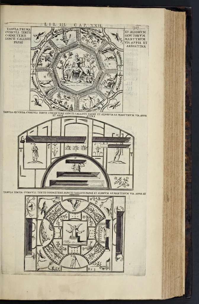 An illustration from Roma subterranea novissima : in qva post Antonivm Bosivm antesignanvm, Jo. Severanum congreg. oratorii presbyterum, et celebres alios scriptores : antiqvua Christianorum et praecipue martyrum cœmeteria, tituli, monimenta, epitaphia, inscriptiones ac nobiliora sanctorum sepulchra : sex libris distincta illustrantur et quamplurimæ res ecclesiasticæ iconibus graphice describuntur, ac multiplici tum sacra, tum profana eruditione declarantur : cum duplici indice, capitum & rerum locupletissimo : opera et studio, 1659, leaf 340