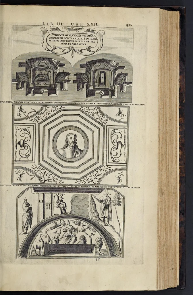 An illustration from Roma subterranea novissima : in qva post Antonivm Bosivm antesignanvm, Jo. Severanum congreg. oratorii presbyterum, et celebres alios scriptores : antiqvua Christianorum et praecipue martyrum cœmeteria, tituli, monimenta, epitaphia, inscriptiones ac nobiliora sanctorum sepulchra : sex libris distincta illustrantur et quamplurimæ res ecclesiasticæ iconibus graphice describuntur, ac multiplici tum sacra, tum profana eruditione declarantur : cum duplici indice, capitum & rerum locupletissimo : opera et studio, 1659, leaf 344