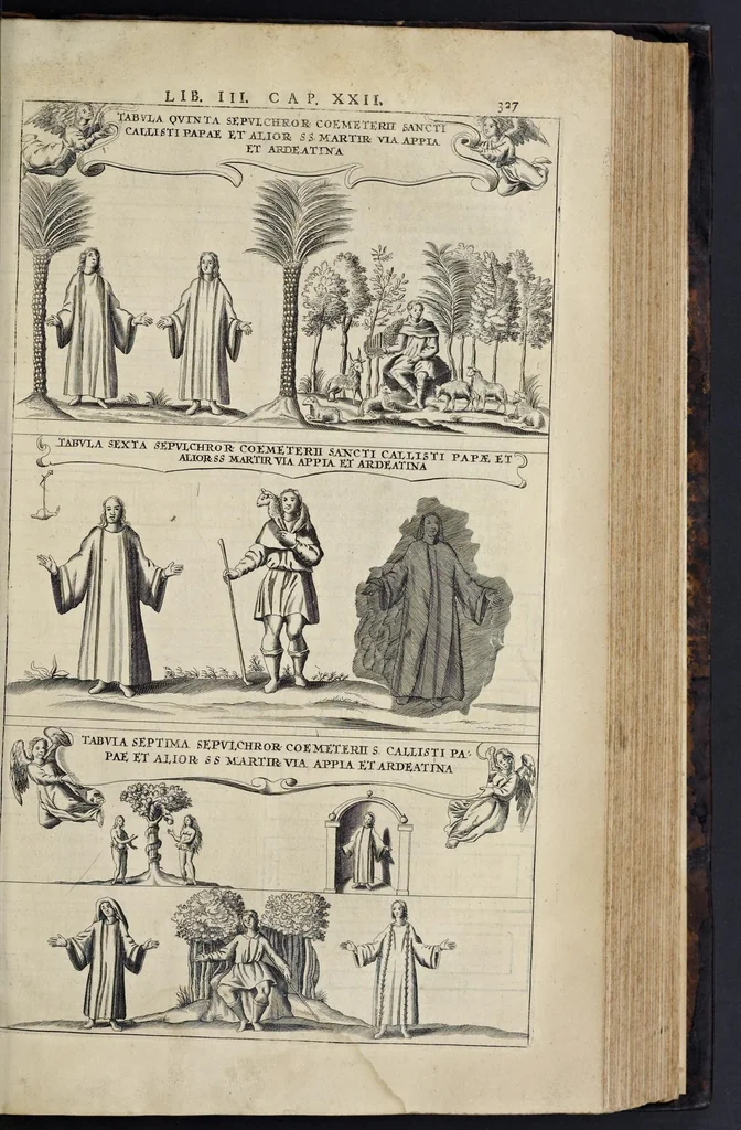 An illustration from Roma subterranea novissima : in qva post Antonivm Bosivm antesignanvm, Jo. Severanum congreg. oratorii presbyterum, et celebres alios scriptores : antiqvua Christianorum et praecipue martyrum cœmeteria, tituli, monimenta, epitaphia, inscriptiones ac nobiliora sanctorum sepulchra : sex libris distincta illustrantur et quamplurimæ res ecclesiasticæ iconibus graphice describuntur, ac multiplici tum sacra, tum profana eruditione declarantur : cum duplici indice, capitum & rerum locupletissimo : opera et studio, 1659, leaf 350