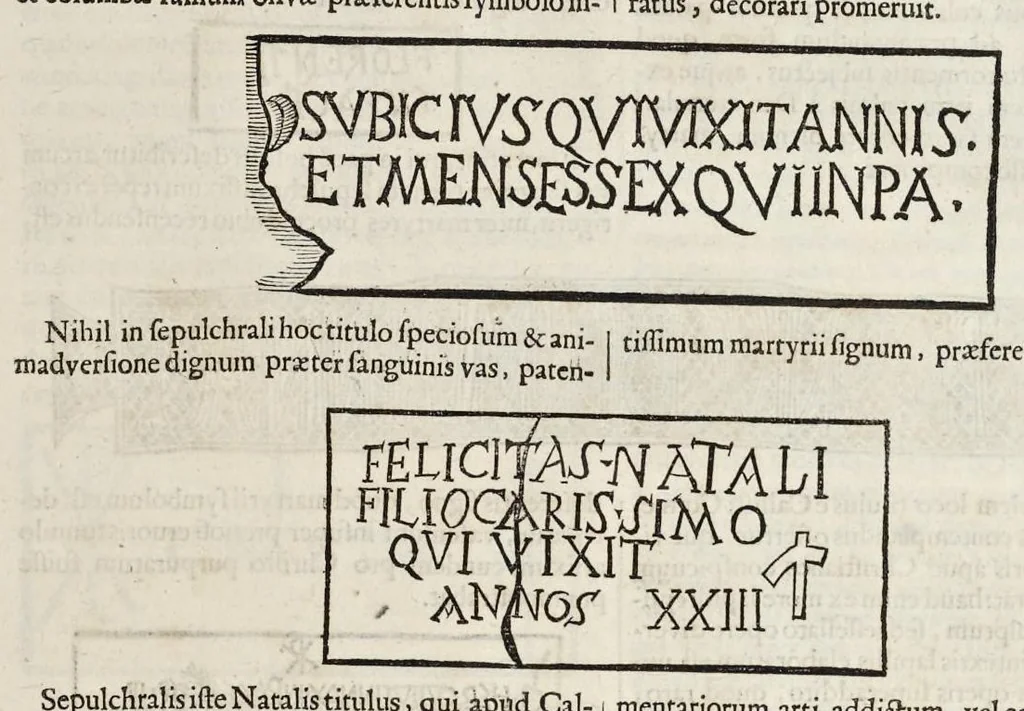 An illustration from Roma subterranea novissima : in qva post Antonivm Bosivm antesignanvm, Jo. Severanum congreg. oratorii presbyterum, et celebres alios scriptores : antiqvua Christianorum et praecipue martyrum cœmeteria, tituli, monimenta, epitaphia, inscriptiones ac nobiliora sanctorum sepulchra : sex libris distincta illustrantur et quamplurimæ res ecclesiasticæ iconibus graphice describuntur, ac multiplici tum sacra, tum profana eruditione declarantur : cum duplici indice, capitum & rerum locupletissimo : opera et studio, 1659, leaf 358