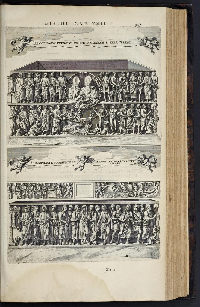 An illustration from Roma subterranea novissima : in qva post Antonivm Bosivm antesignanvm, Jo. Severanum congreg. oratorii presbyterum, et celebres alios scriptores : antiqvua Christianorum et praecipue martyrum cœmeteria, tituli, monimenta, epitaphia, inscriptiones ac nobiliora sanctorum sepulchra : sex libris distincta illustrantur et quamplurimæ res ecclesiasticæ iconibus graphice describuntur, ac multiplici tum sacra, tum profana eruditione declarantur : cum duplici indice, capitum & rerum locupletissimo : opera et studio, 1659, leaf 370