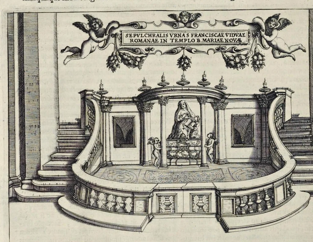 An illustration from Roma subterranea novissima : in qva post Antonivm Bosivm antesignanvm, Jo. Severanum congreg. oratorii presbyterum, et celebres alios scriptores : antiqvua Christianorum et praecipue martyrum cœmeteria, tituli, monimenta, epitaphia, inscriptiones ac nobiliora sanctorum sepulchra : sex libris distincta illustrantur et quamplurimæ res ecclesiasticæ iconibus graphice describuntur, ac multiplici tum sacra, tum profana eruditione declarantur : cum duplici indice, capitum & rerum locupletissimo : opera et studio, 1659, leaf 415