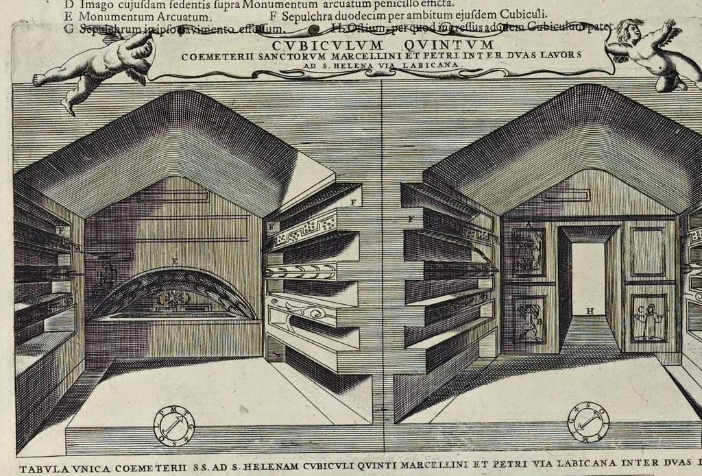 An illustration from Roma subterranea novissima : in qva post Antonivm Bosivm antesignanvm, Jo. Severanum congreg. oratorii presbyterum, et celebres alios scriptores : antiqvua Christianorum et praecipue martyrum cœmeteria, tituli, monimenta, epitaphia, inscriptiones ac nobiliora sanctorum sepulchra : sex libris distincta illustrantur et quamplurimæ res ecclesiasticæ iconibus graphice describuntur, ac multiplici tum sacra, tum profana eruditione declarantur : cum duplici indice, capitum & rerum locupletissimo : opera et studio, 1659, leaf 441