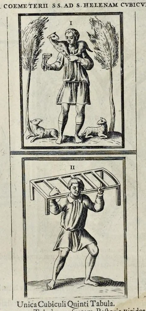 An illustration from Roma subterranea novissima : in qva post Antonivm Bosivm antesignanvm, Jo. Severanum congreg. oratorii presbyterum, et celebres alios scriptores : antiqvua Christianorum et praecipue martyrum cœmeteria, tituli, monimenta, epitaphia, inscriptiones ac nobiliora sanctorum sepulchra : sex libris distincta illustrantur et quamplurimæ res ecclesiasticæ iconibus graphice describuntur, ac multiplici tum sacra, tum profana eruditione declarantur : cum duplici indice, capitum & rerum locupletissimo : opera et studio, 1659, leaf 441