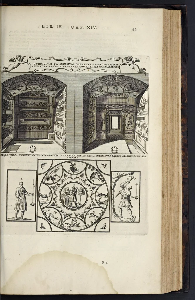 An illustration from Roma subterranea novissima : in qva post Antonivm Bosivm antesignanvm, Jo. Severanum congreg. oratorii presbyterum, et celebres alios scriptores : antiqvua Christianorum et praecipue martyrum cœmeteria, tituli, monimenta, epitaphia, inscriptiones ac nobiliora sanctorum sepulchra : sex libris distincta illustrantur et quamplurimæ res ecclesiasticæ iconibus graphice describuntur, ac multiplici tum sacra, tum profana eruditione declarantur : cum duplici indice, capitum & rerum locupletissimo : opera et studio, 1659, leaf 450