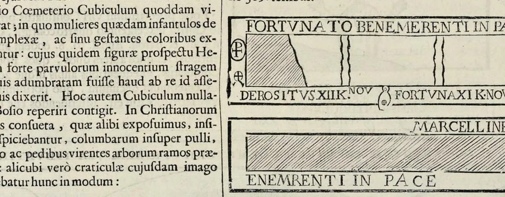 An illustration from Roma subterranea novissima : in qva post Antonivm Bosivm antesignanvm, Jo. Severanum congreg. oratorii presbyterum, et celebres alios scriptores : antiqvua Christianorum et praecipue martyrum cœmeteria, tituli, monimenta, epitaphia, inscriptiones ac nobiliora sanctorum sepulchra : sex libris distincta illustrantur et quamplurimæ res ecclesiasticæ iconibus graphice describuntur, ac multiplici tum sacra, tum profana eruditione declarantur : cum duplici indice, capitum & rerum locupletissimo : opera et studio, 1659, leaf 465