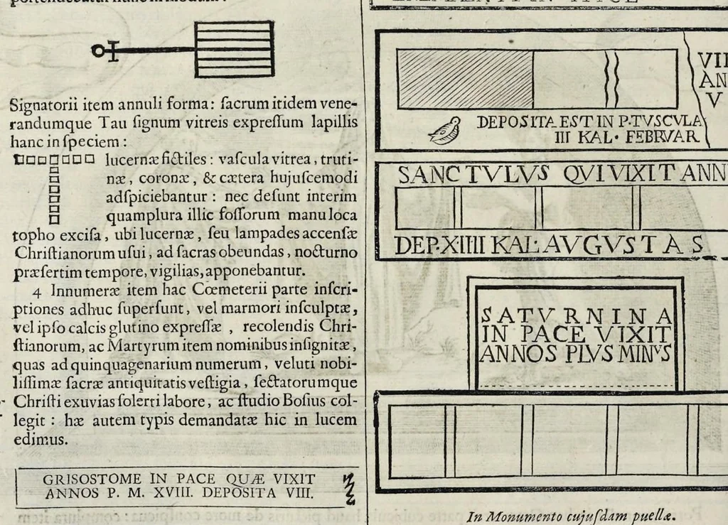 An illustration from Roma subterranea novissima : in qva post Antonivm Bosivm antesignanvm, Jo. Severanum congreg. oratorii presbyterum, et celebres alios scriptores : antiqvua Christianorum et praecipue martyrum cœmeteria, tituli, monimenta, epitaphia, inscriptiones ac nobiliora sanctorum sepulchra : sex libris distincta illustrantur et quamplurimæ res ecclesiasticæ iconibus graphice describuntur, ac multiplici tum sacra, tum profana eruditione declarantur : cum duplici indice, capitum & rerum locupletissimo : opera et studio, 1659, leaf 465
