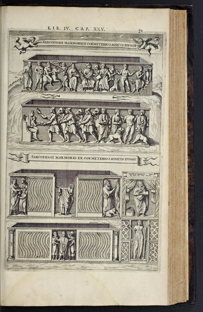 An illustration from Roma subterranea novissima : in qva post Antonivm Bosivm antesignanvm, Jo. Severanum congreg. oratorii presbyterum, et celebres alios scriptores : antiqvua Christianorum et praecipue martyrum cœmeteria, tituli, monimenta, epitaphia, inscriptiones ac nobiliora sanctorum sepulchra : sex libris distincta illustrantur et quamplurimæ res ecclesiasticæ iconibus graphice describuntur, ac multiplici tum sacra, tum profana eruditione declarantur : cum duplici indice, capitum & rerum locupletissimo : opera et studio, 1659, leaf 478