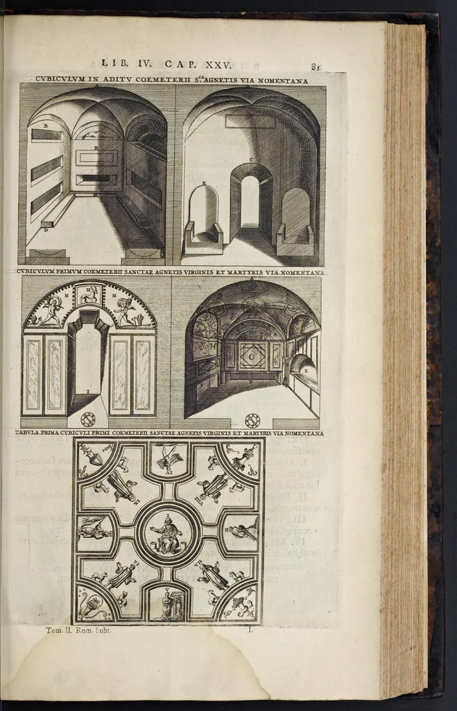 An illustration from Roma subterranea novissima : in qva post Antonivm Bosivm antesignanvm, Jo. Severanum congreg. oratorii presbyterum, et celebres alios scriptores : antiqvua Christianorum et praecipue martyrum cœmeteria, tituli, monimenta, epitaphia, inscriptiones ac nobiliora sanctorum sepulchra : sex libris distincta illustrantur et quamplurimæ res ecclesiasticæ iconibus graphice describuntur, ac multiplici tum sacra, tum profana eruditione declarantur : cum duplici indice, capitum & rerum locupletissimo : opera et studio, 1659, leaf 488
