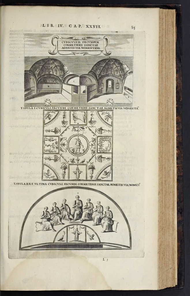 An illustration from Roma subterranea novissima : in qva post Antonivm Bosivm antesignanvm, Jo. Severanum congreg. oratorii presbyterum, et celebres alios scriptores : antiqvua Christianorum et praecipue martyrum cœmeteria, tituli, monimenta, epitaphia, inscriptiones ac nobiliora sanctorum sepulchra : sex libris distincta illustrantur et quamplurimæ res ecclesiasticæ iconibus graphice describuntur, ac multiplici tum sacra, tum profana eruditione declarantur : cum duplici indice, capitum & rerum locupletissimo : opera et studio, 1659, leaf 492