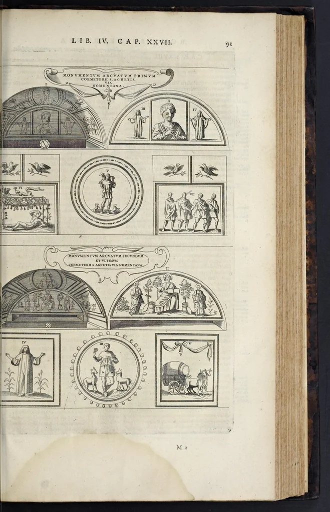 An illustration from Roma subterranea novissima : in qva post Antonivm Bosivm antesignanvm, Jo. Severanum congreg. oratorii presbyterum, et celebres alios scriptores : antiqvua Christianorum et praecipue martyrum cœmeteria, tituli, monimenta, epitaphia, inscriptiones ac nobiliora sanctorum sepulchra : sex libris distincta illustrantur et quamplurimæ res ecclesiasticæ iconibus graphice describuntur, ac multiplici tum sacra, tum profana eruditione declarantur : cum duplici indice, capitum & rerum locupletissimo : opera et studio, 1659, leaf 498