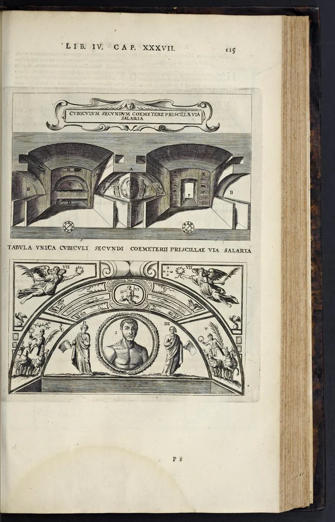 An illustration from Roma subterranea novissima : in qva post Antonivm Bosivm antesignanvm, Jo. Severanum congreg. oratorii presbyterum, et celebres alios scriptores : antiqvua Christianorum et praecipue martyrum cœmeteria, tituli, monimenta, epitaphia, inscriptiones ac nobiliora sanctorum sepulchra : sex libris distincta illustrantur et quamplurimæ res ecclesiasticæ iconibus graphice describuntur, ac multiplici tum sacra, tum profana eruditione declarantur : cum duplici indice, capitum & rerum locupletissimo : opera et studio, 1659, leaf 522