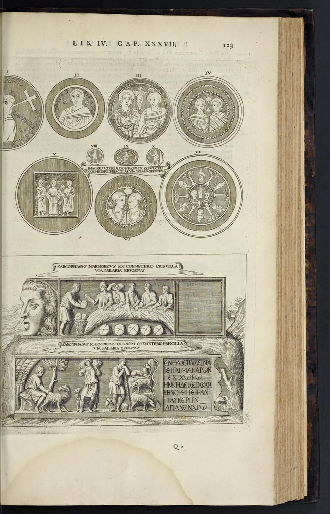 An illustration from Roma subterranea novissima : in qva post Antonivm Bosivm antesignanvm, Jo. Severanum congreg. oratorii presbyterum, et celebres alios scriptores : antiqvua Christianorum et praecipue martyrum cœmeteria, tituli, monimenta, epitaphia, inscriptiones ac nobiliora sanctorum sepulchra : sex libris distincta illustrantur et quamplurimæ res ecclesiasticæ iconibus graphice describuntur, ac multiplici tum sacra, tum profana eruditione declarantur : cum duplici indice, capitum & rerum locupletissimo : opera et studio, 1659, leaf 530
