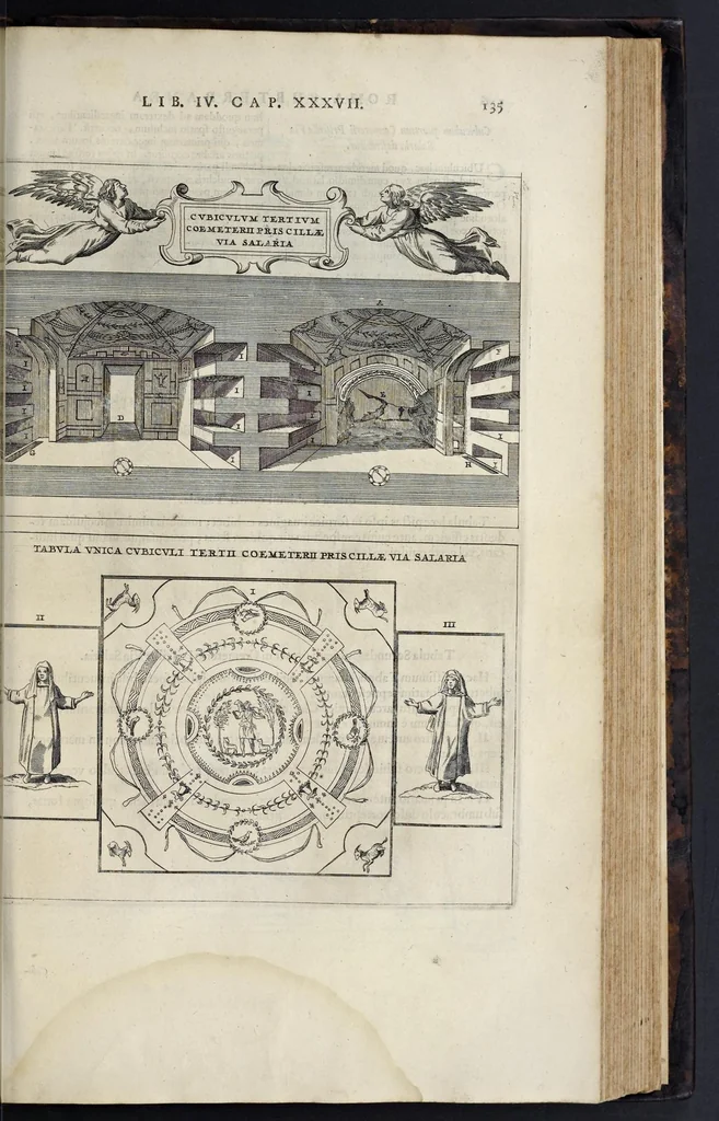 An illustration from Roma subterranea novissima : in qva post Antonivm Bosivm antesignanvm, Jo. Severanum congreg. oratorii presbyterum, et celebres alios scriptores : antiqvua Christianorum et praecipue martyrum cœmeteria, tituli, monimenta, epitaphia, inscriptiones ac nobiliora sanctorum sepulchra : sex libris distincta illustrantur et quamplurimæ res ecclesiasticæ iconibus graphice describuntur, ac multiplici tum sacra, tum profana eruditione declarantur : cum duplici indice, capitum & rerum locupletissimo : opera et studio, 1659, leaf 542