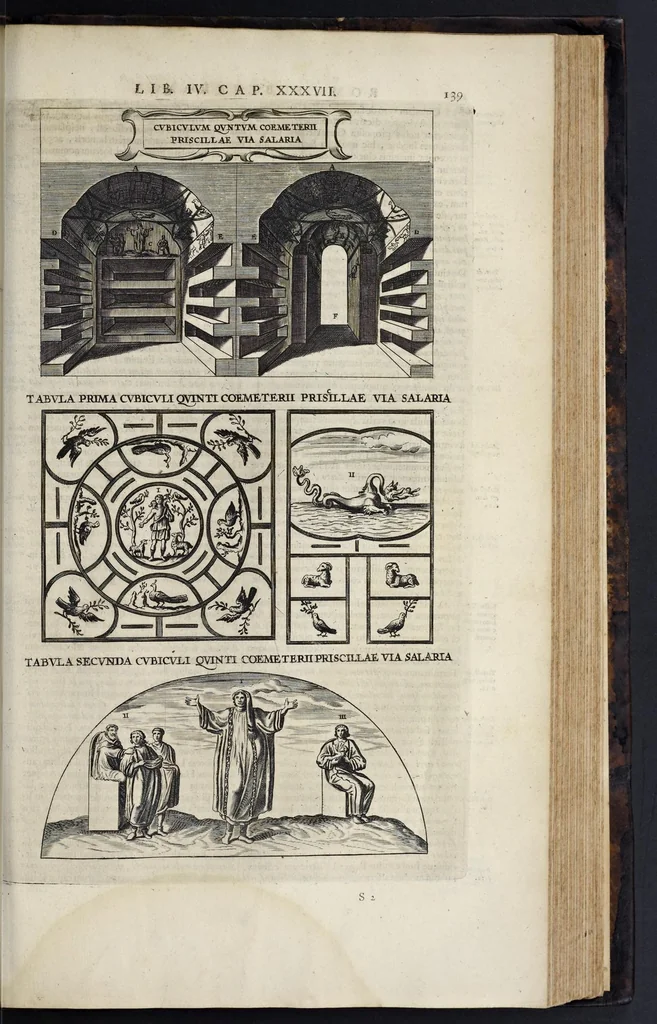 An illustration from Roma subterranea novissima : in qva post Antonivm Bosivm antesignanvm, Jo. Severanum congreg. oratorii presbyterum, et celebres alios scriptores : antiqvua Christianorum et praecipue martyrum cœmeteria, tituli, monimenta, epitaphia, inscriptiones ac nobiliora sanctorum sepulchra : sex libris distincta illustrantur et quamplurimæ res ecclesiasticæ iconibus graphice describuntur, ac multiplici tum sacra, tum profana eruditione declarantur : cum duplici indice, capitum & rerum locupletissimo : opera et studio, 1659, leaf 546