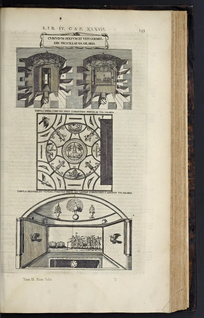 An illustration from Roma subterranea novissima : in qva post Antonivm Bosivm antesignanvm, Jo. Severanum congreg. oratorii presbyterum, et celebres alios scriptores : antiqvua Christianorum et praecipue martyrum cœmeteria, tituli, monimenta, epitaphia, inscriptiones ac nobiliora sanctorum sepulchra : sex libris distincta illustrantur et quamplurimæ res ecclesiasticæ iconibus graphice describuntur, ac multiplici tum sacra, tum profana eruditione declarantur : cum duplici indice, capitum & rerum locupletissimo : opera et studio, 1659, leaf 552
