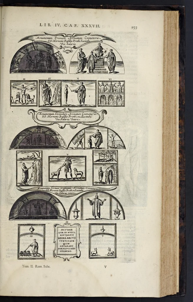 An illustration from Roma subterranea novissima : in qva post Antonivm Bosivm antesignanvm, Jo. Severanum congreg. oratorii presbyterum, et celebres alios scriptores : antiqvua Christianorum et praecipue martyrum cœmeteria, tituli, monimenta, epitaphia, inscriptiones ac nobiliora sanctorum sepulchra : sex libris distincta illustrantur et quamplurimæ res ecclesiasticæ iconibus graphice describuntur, ac multiplici tum sacra, tum profana eruditione declarantur : cum duplici indice, capitum & rerum locupletissimo : opera et studio, 1659, leaf 560