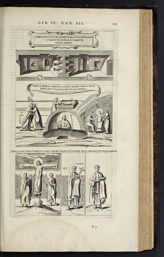 An illustration from Roma subterranea novissima : in qva post Antonivm Bosivm antesignanvm, Jo. Severanum congreg. oratorii presbyterum, et celebres alios scriptores : antiqvua Christianorum et praecipue martyrum cœmeteria, tituli, monimenta, epitaphia, inscriptiones ac nobiliora sanctorum sepulchra : sex libris distincta illustrantur et quamplurimæ res ecclesiasticæ iconibus graphice describuntur, ac multiplici tum sacra, tum profana eruditione declarantur : cum duplici indice, capitum & rerum locupletissimo : opera et studio, 1659, leaf 572