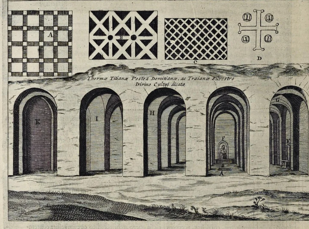 An illustration from Roma subterranea novissima : in qva post Antonivm Bosivm antesignanvm, Jo. Severanum congreg. oratorii presbyterum, et celebres alios scriptores : antiqvua Christianorum et praecipue martyrum cœmeteria, tituli, monimenta, epitaphia, inscriptiones ac nobiliora sanctorum sepulchra : sex libris distincta illustrantur et quamplurimæ res ecclesiasticæ iconibus graphice describuntur, ac multiplici tum sacra, tum profana eruditione declarantur : cum duplici indice, capitum & rerum locupletissimo : opera et studio, 1659, leaf 589