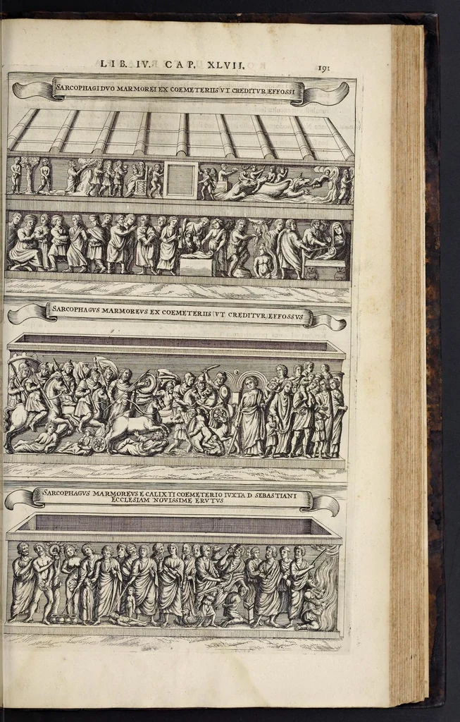 An illustration from Roma subterranea novissima : in qva post Antonivm Bosivm antesignanvm, Jo. Severanum congreg. oratorii presbyterum, et celebres alios scriptores : antiqvua Christianorum et praecipue martyrum cœmeteria, tituli, monimenta, epitaphia, inscriptiones ac nobiliora sanctorum sepulchra : sex libris distincta illustrantur et quamplurimæ res ecclesiasticæ iconibus graphice describuntur, ac multiplici tum sacra, tum profana eruditione declarantur : cum duplici indice, capitum & rerum locupletissimo : opera et studio, 1659, leaf 598