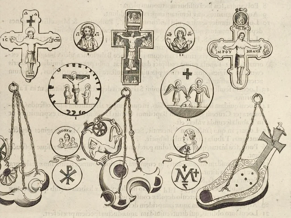 An illustration from Roma subterranea novissima : in qva post Antonivm Bosivm antesignanvm, Jo. Severanum congreg. oratorii presbyterum, et celebres alios scriptores : antiqvua Christianorum et praecipue martyrum cœmeteria, tituli, monimenta, epitaphia, inscriptiones ac nobiliora sanctorum sepulchra : sex libris distincta illustrantur et quamplurimæ res ecclesiasticæ iconibus graphice describuntur, ac multiplici tum sacra, tum profana eruditione declarantur : cum duplici indice, capitum & rerum locupletissimo : opera et studio, 1659, leaf 602
