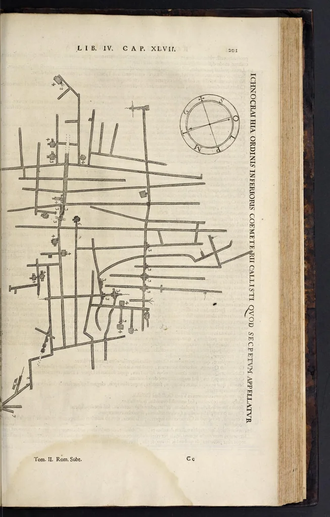 An illustration from Roma subterranea novissima : in qva post Antonivm Bosivm antesignanvm, Jo. Severanum congreg. oratorii presbyterum, et celebres alios scriptores : antiqvua Christianorum et praecipue martyrum cœmeteria, tituli, monimenta, epitaphia, inscriptiones ac nobiliora sanctorum sepulchra : sex libris distincta illustrantur et quamplurimæ res ecclesiasticæ iconibus graphice describuntur, ac multiplici tum sacra, tum profana eruditione declarantur : cum duplici indice, capitum & rerum locupletissimo : opera et studio, 1659, leaf 608