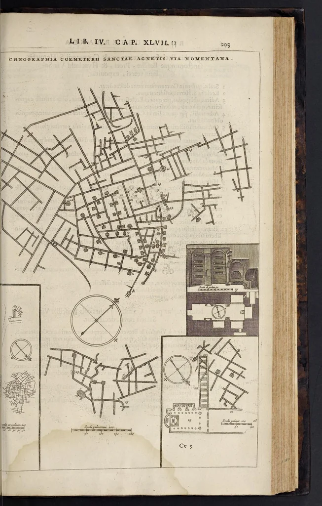 An illustration from Roma subterranea novissima : in qva post Antonivm Bosivm antesignanvm, Jo. Severanum congreg. oratorii presbyterum, et celebres alios scriptores : antiqvua Christianorum et praecipue martyrum cœmeteria, tituli, monimenta, epitaphia, inscriptiones ac nobiliora sanctorum sepulchra : sex libris distincta illustrantur et quamplurimæ res ecclesiasticæ iconibus graphice describuntur, ac multiplici tum sacra, tum profana eruditione declarantur : cum duplici indice, capitum & rerum locupletissimo : opera et studio, 1659, leaf 612