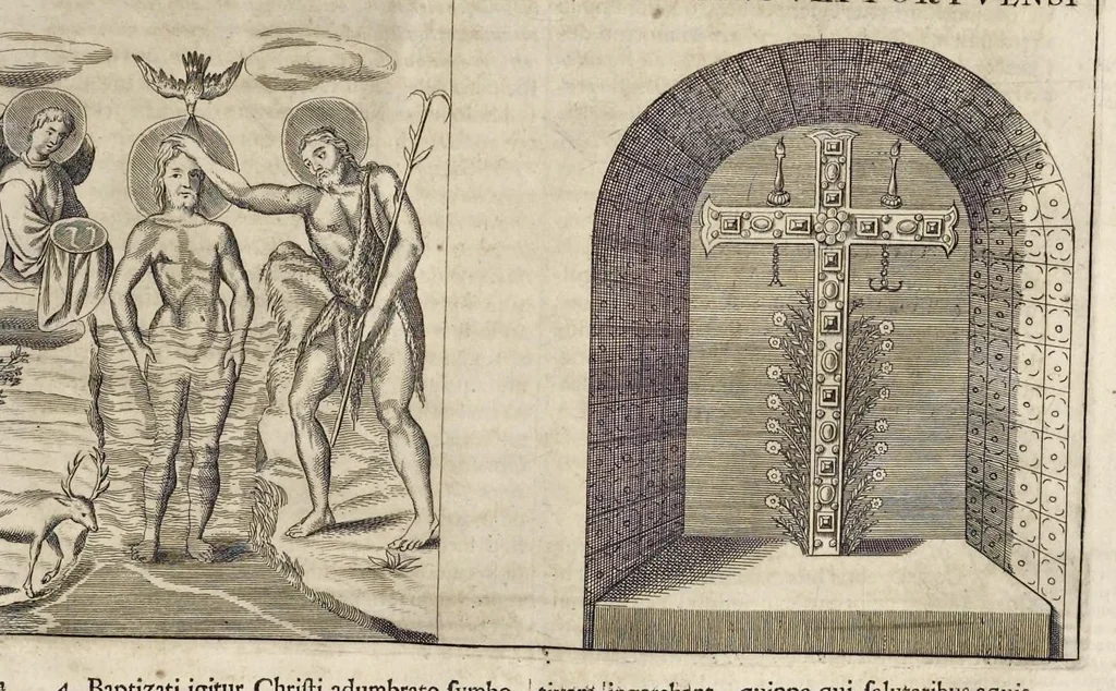 An illustration from Roma subterranea novissima : in qva post Antonivm Bosivm antesignanvm, Jo. Severanum congreg. oratorii presbyterum, et celebres alios scriptores : antiqvua Christianorum et praecipue martyrum cœmeteria, tituli, monimenta, epitaphia, inscriptiones ac nobiliora sanctorum sepulchra : sex libris distincta illustrantur et quamplurimæ res ecclesiasticæ iconibus graphice describuntur, ac multiplici tum sacra, tum profana eruditione declarantur : cum duplici indice, capitum & rerum locupletissimo : opera et studio, 1659, leaf 682
