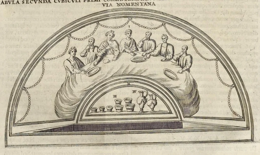 An illustration from Roma subterranea novissima : in qva post Antonivm Bosivm antesignanvm, Jo. Severanum congreg. oratorii presbyterum, et celebres alios scriptores : antiqvua Christianorum et praecipue martyrum cœmeteria, tituli, monimenta, epitaphia, inscriptiones ac nobiliora sanctorum sepulchra : sex libris distincta illustrantur et quamplurimæ res ecclesiasticæ iconibus graphice describuntur, ac multiplici tum sacra, tum profana eruditione declarantur : cum duplici indice, capitum & rerum locupletissimo : opera et studio, 1659, leaf 720