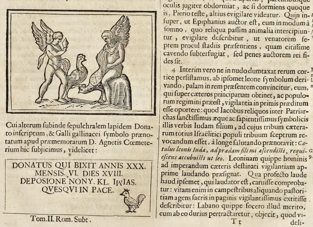 An illustration from Roma subterranea novissima : in qva post Antonivm Bosivm antesignanvm, Jo. Severanum congreg. oratorii presbyterum, et celebres alios scriptores : antiqvua Christianorum et praecipue martyrum cœmeteria, tituli, monimenta, epitaphia, inscriptiones ac nobiliora sanctorum sepulchra : sex libris distincta illustrantur et quamplurimæ res ecclesiasticæ iconibus graphice describuntur, ac multiplici tum sacra, tum profana eruditione declarantur : cum duplici indice, capitum & rerum locupletissimo : opera et studio, 1659, leaf 736