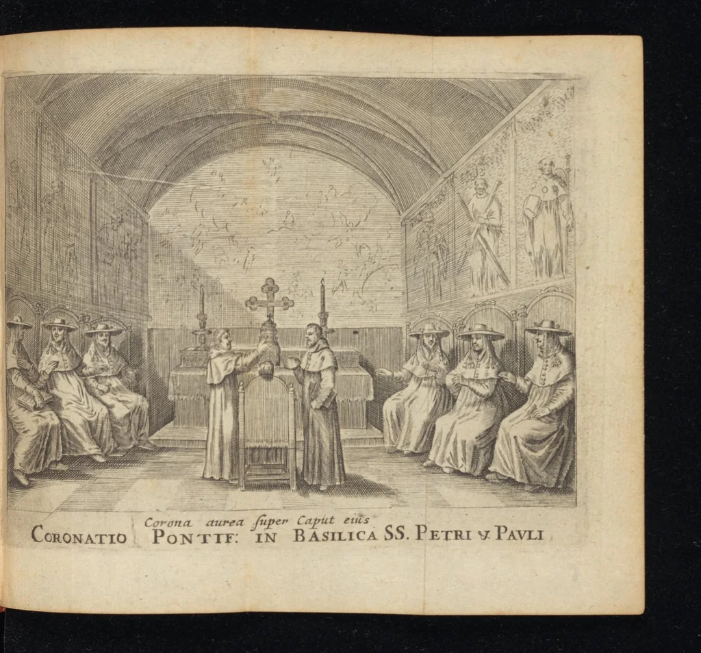An illustration from Laurentii Banck Norcopensis Gothi, J.U.D. & profess. Frisii, Roma triumphans seu Actus inaugurationum & coronationum pontificum Romanorum & in spetie. Innocentii X. pont. max. brevis descriptio : cum omnibus triumphis & ceremoniis eidem actui additis. Accessit in fine appendix, de quarundam Roman. pontific. cerimoniarum origine. Cum triplici indice, capitum, rerum & verborum, ac Latino-Barbaro, 1656, leaf 302