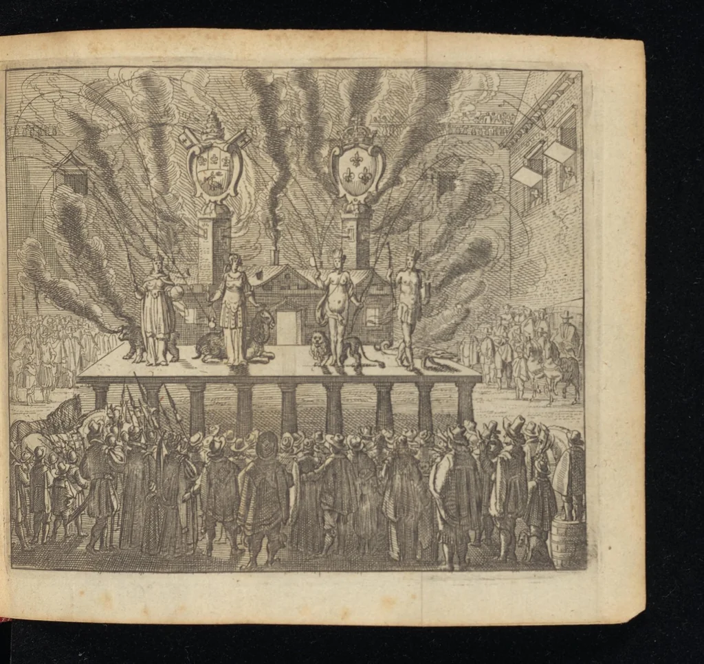 An illustration from Laurentii Banck Norcopensis Gothi, J.U.D. & profess. Frisii, Roma triumphans seu Actus inaugurationum & coronationum pontificum Romanorum & in spetie. Innocentii X. pont. max. brevis descriptio : cum omnibus triumphis & ceremoniis eidem actui additis. Accessit in fine appendix, de quarundam Roman. pontific. cerimoniarum origine. Cum triplici indice, capitum, rerum & verborum, ac Latino-Barbaro, 1656, leaf 320