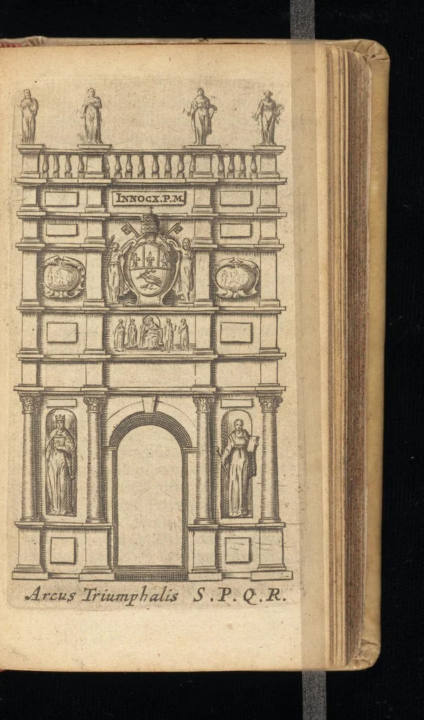 An illustration from Laurentii Banck Norcopensis Gothi, J.U.D. & profess. Frisii, Roma triumphans seu Actus inaugurationum & coronationum pontificum Romanorum & in spetie. Innocentii X. pont. max. brevis descriptio : cum omnibus triumphis & ceremoniis eidem actui additis. Accessit in fine appendix, de quarundam Roman. pontific. cerimoniarum origine. Cum triplici indice, capitum, rerum & verborum, ac Latino-Barbaro, 1656, leaf 362