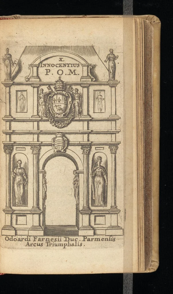 An illustration from Laurentii Banck Norcopensis Gothi, J.U.D. & profess. Frisii, Roma triumphans seu Actus inaugurationum & coronationum pontificum Romanorum & in spetie. Innocentii X. pont. max. brevis descriptio : cum omnibus triumphis & ceremoniis eidem actui additis. Accessit in fine appendix, de quarundam Roman. pontific. cerimoniarum origine. Cum triplici indice, capitum, rerum & verborum, ac Latino-Barbaro, 1656, leaf 366