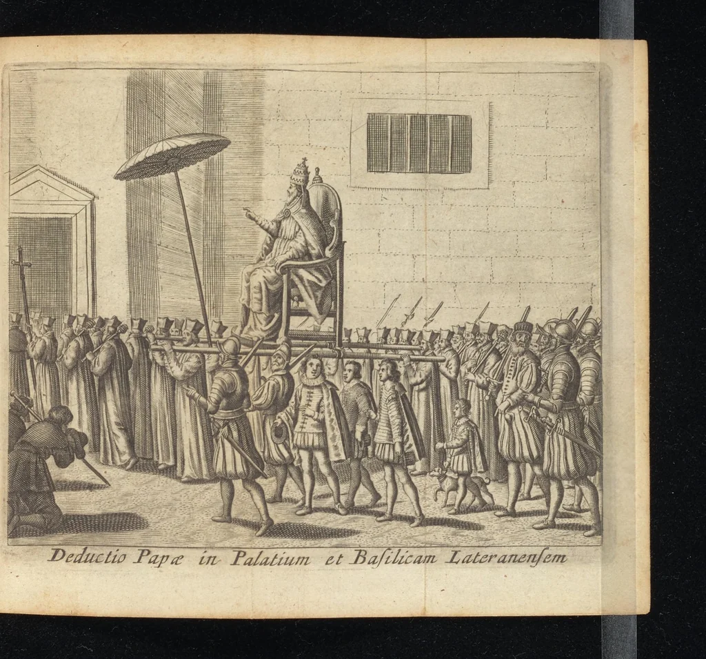 An illustration from Laurentii Banck Norcopensis Gothi, J.U.D. & profess. Frisii, Roma triumphans seu Actus inaugurationum & coronationum pontificum Romanorum & in spetie. Innocentii X. pont. max. brevis descriptio : cum omnibus triumphis & ceremoniis eidem actui additis. Accessit in fine appendix, de quarundam Roman. pontific. cerimoniarum origine. Cum triplici indice, capitum, rerum & verborum, ac Latino-Barbaro, 1656, leaf 410