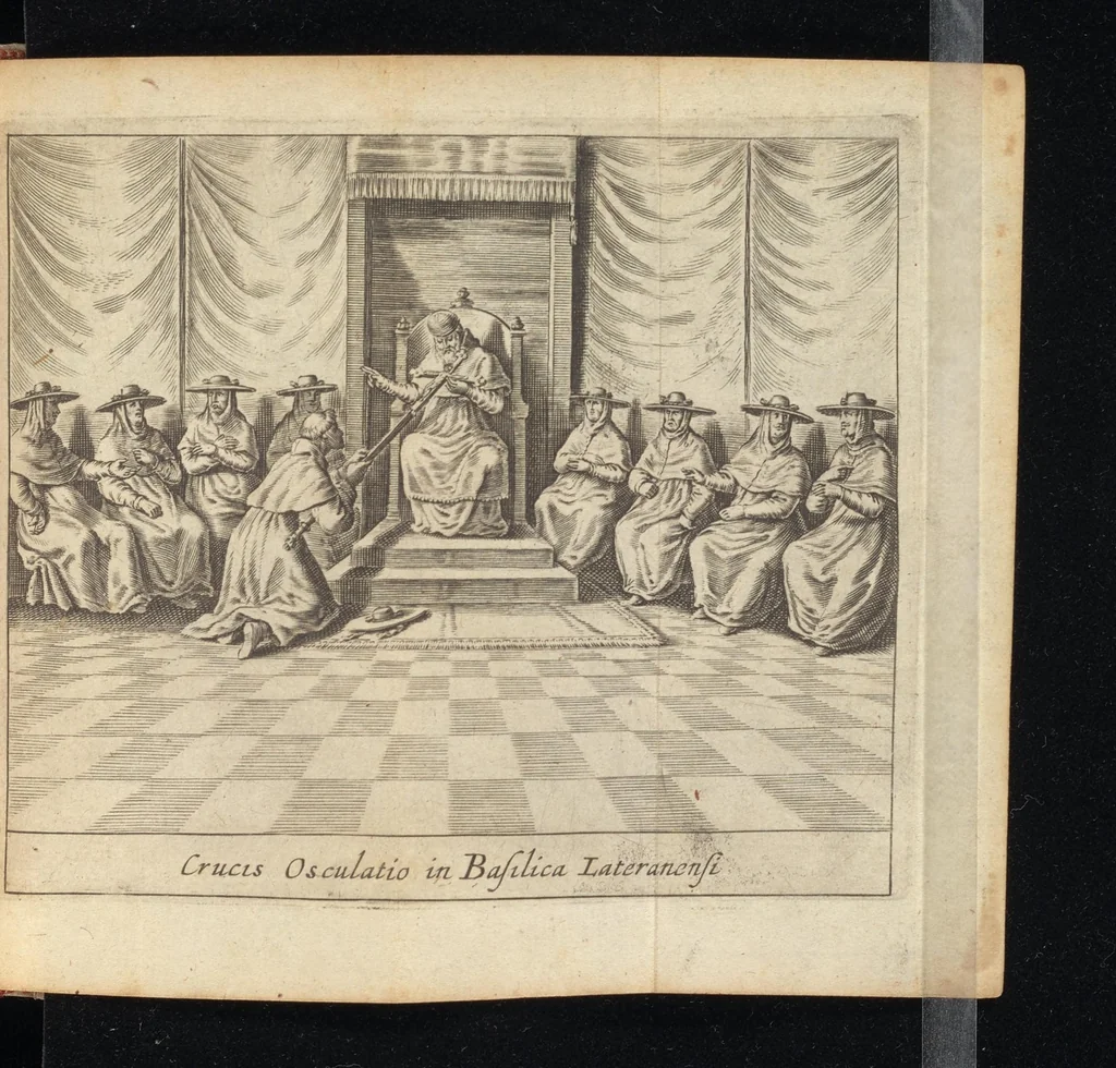 An illustration from Laurentii Banck Norcopensis Gothi, J.U.D. & profess. Frisii, Roma triumphans seu Actus inaugurationum & coronationum pontificum Romanorum & in spetie. Innocentii X. pont. max. brevis descriptio : cum omnibus triumphis & ceremoniis eidem actui additis. Accessit in fine appendix, de quarundam Roman. pontific. cerimoniarum origine. Cum triplici indice, capitum, rerum & verborum, ac Latino-Barbaro, 1656, leaf 430