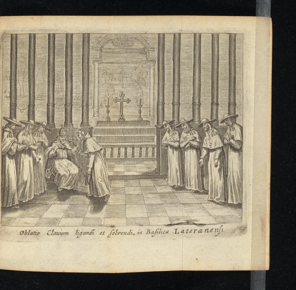 An illustration from Laurentii Banck Norcopensis Gothi, J.U.D. & profess. Frisii, Roma triumphans seu Actus inaugurationum & coronationum pontificum Romanorum & in spetie. Innocentii X. pont. max. brevis descriptio : cum omnibus triumphis & ceremoniis eidem actui additis. Accessit in fine appendix, de quarundam Roman. pontific. cerimoniarum origine. Cum triplici indice, capitum, rerum & verborum, ac Latino-Barbaro, 1656, leaf 434