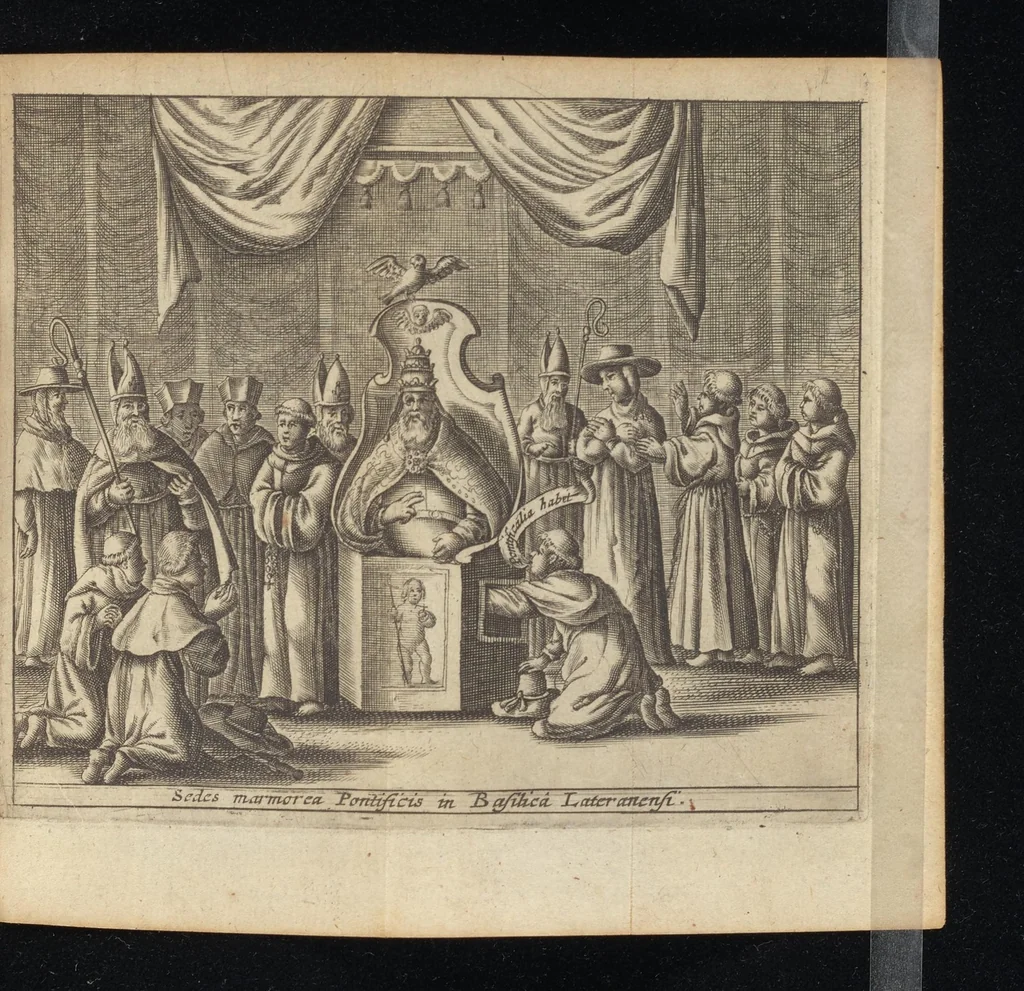 An illustration from Laurentii Banck Norcopensis Gothi, J.U.D. & profess. Frisii, Roma triumphans seu Actus inaugurationum & coronationum pontificum Romanorum & in spetie. Innocentii X. pont. max. brevis descriptio : cum omnibus triumphis & ceremoniis eidem actui additis. Accessit in fine appendix, de quarundam Roman. pontific. cerimoniarum origine. Cum triplici indice, capitum, rerum & verborum, ac Latino-Barbaro, 1656, leaf 438