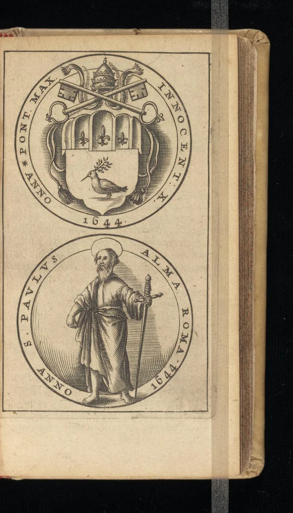 An illustration from Laurentii Banck Norcopensis Gothi, J.U.D. & profess. Frisii, Roma triumphans seu Actus inaugurationum & coronationum pontificum Romanorum & in spetie. Innocentii X. pont. max. brevis descriptio : cum omnibus triumphis & ceremoniis eidem actui additis. Accessit in fine appendix, de quarundam Roman. pontific. cerimoniarum origine. Cum triplici indice, capitum, rerum & verborum, ac Latino-Barbaro, 1656, leaf 446