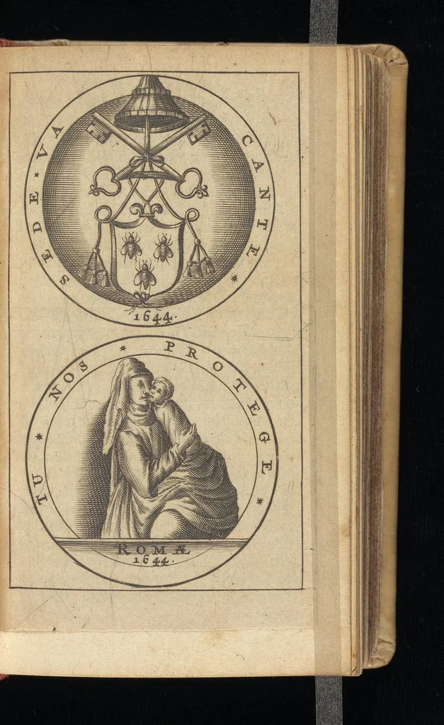 An illustration from Laurentii Banck Norcopensis Gothi, J.U.D. & profess. Frisii, Roma triumphans seu Actus inaugurationum & coronationum pontificum Romanorum & in spetie. Innocentii X. pont. max. brevis descriptio : cum omnibus triumphis & ceremoniis eidem actui additis. Accessit in fine appendix, de quarundam Roman. pontific. cerimoniarum origine. Cum triplici indice, capitum, rerum & verborum, ac Latino-Barbaro, 1656, leaf 94