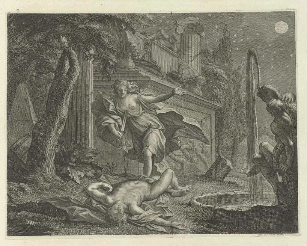 An illustration from Les Métamorphoses d'Ovide : en latin, traduites en françois, avec des remarques, et des explications historiques, 1732, leaf 130