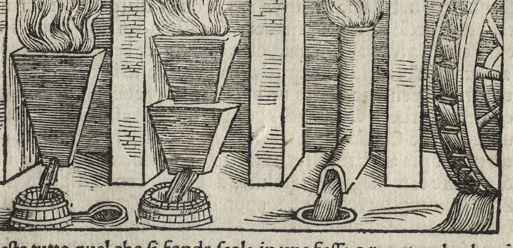 An illustration from Pirotechnia, li diece libri della pirotechnia : nelliquali si tratta non solo la diuersita delle minere, ma ancho quanto si ricerca alla prattica di effe : e di quanto s'appartiene all'arte della fusione ouer getto de metalli, e d'ogni altra cosa a questa somigliante, 1550, leaf 118