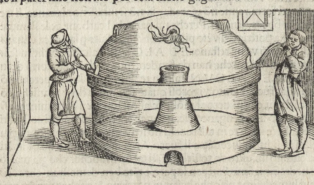 An illustration from Pirotechnia, li diece libri della pirotechnia : nelliquali si tratta non solo la diuersita delle minere, ma ancho quanto si ricerca alla prattica di effe : e di quanto s'appartiene all'arte della fusione ouer getto de metalli, e d'ogni altra cosa a questa somigliante, 1550, leaf 119